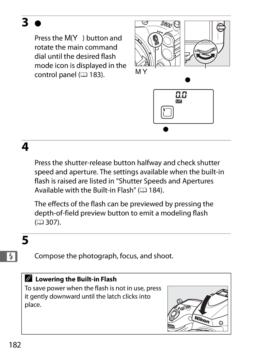 Nikon 25480 Choose a flash mode, Check exposure shutter speed and aperture, 182, MY button Main command dial Control panel 