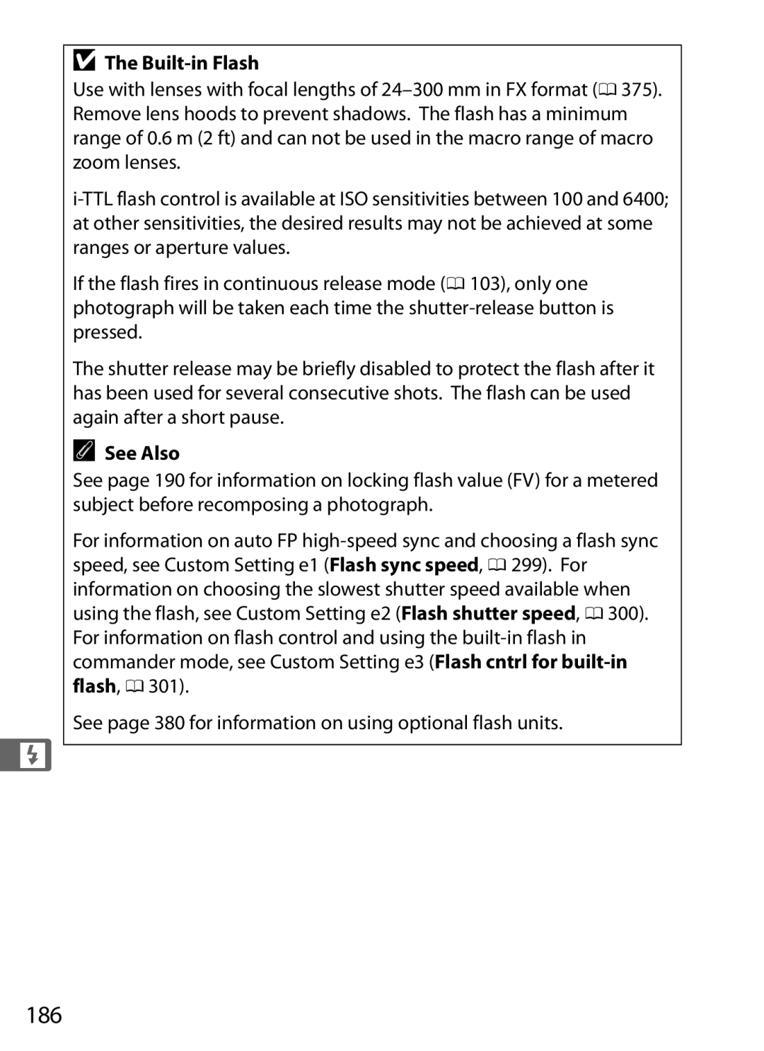 Nikon D800EFXBODY, D800 (Body Only), D800BODY, D800 E (Body Only), 2164+25468, 25480B user manual 186, Built-in Flash 