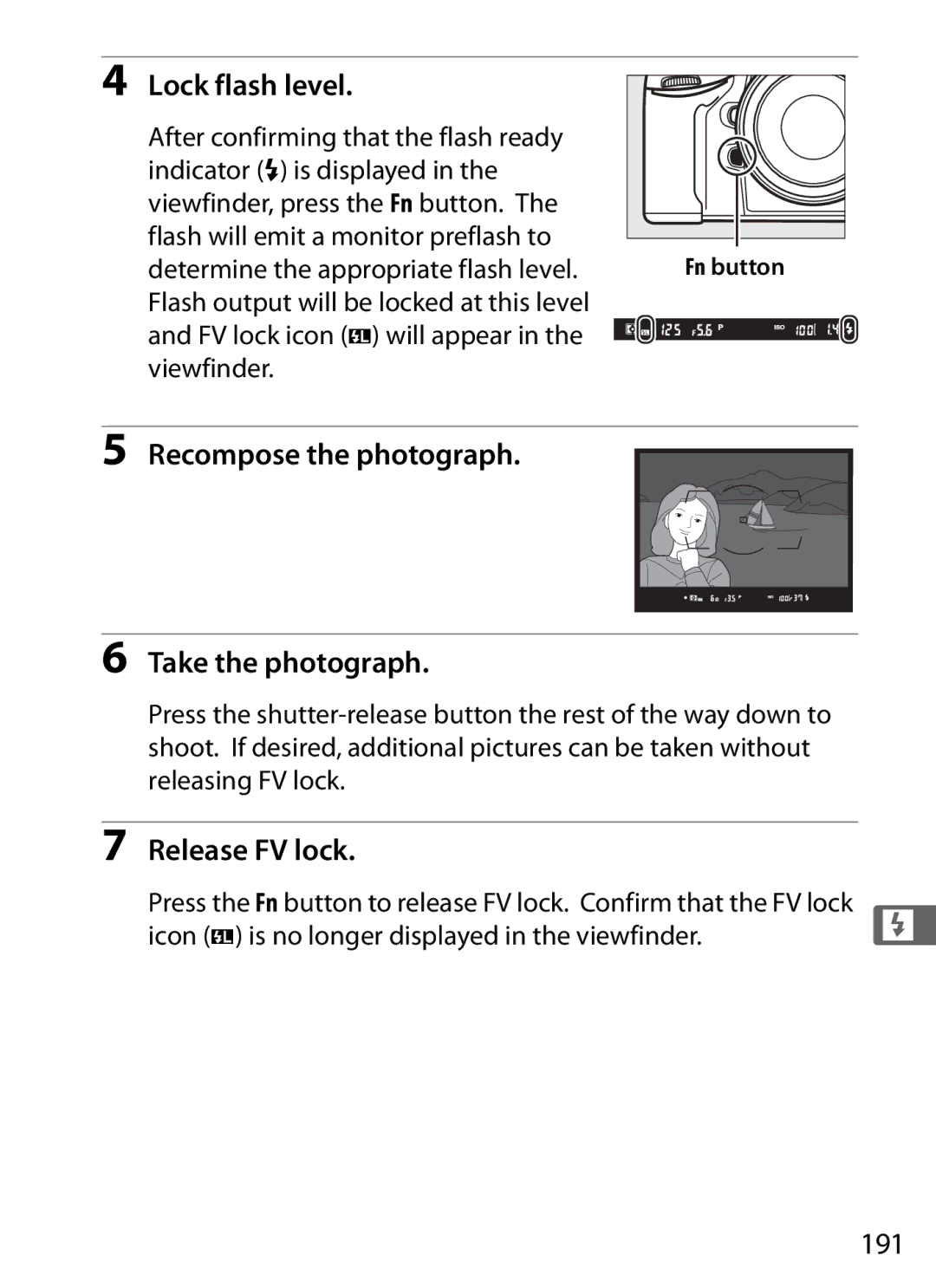 Nikon 25480, D800EFXBODY, D800 E Lock flash level, Recompose the photograph Take the photograph, Release FV lock, 191 