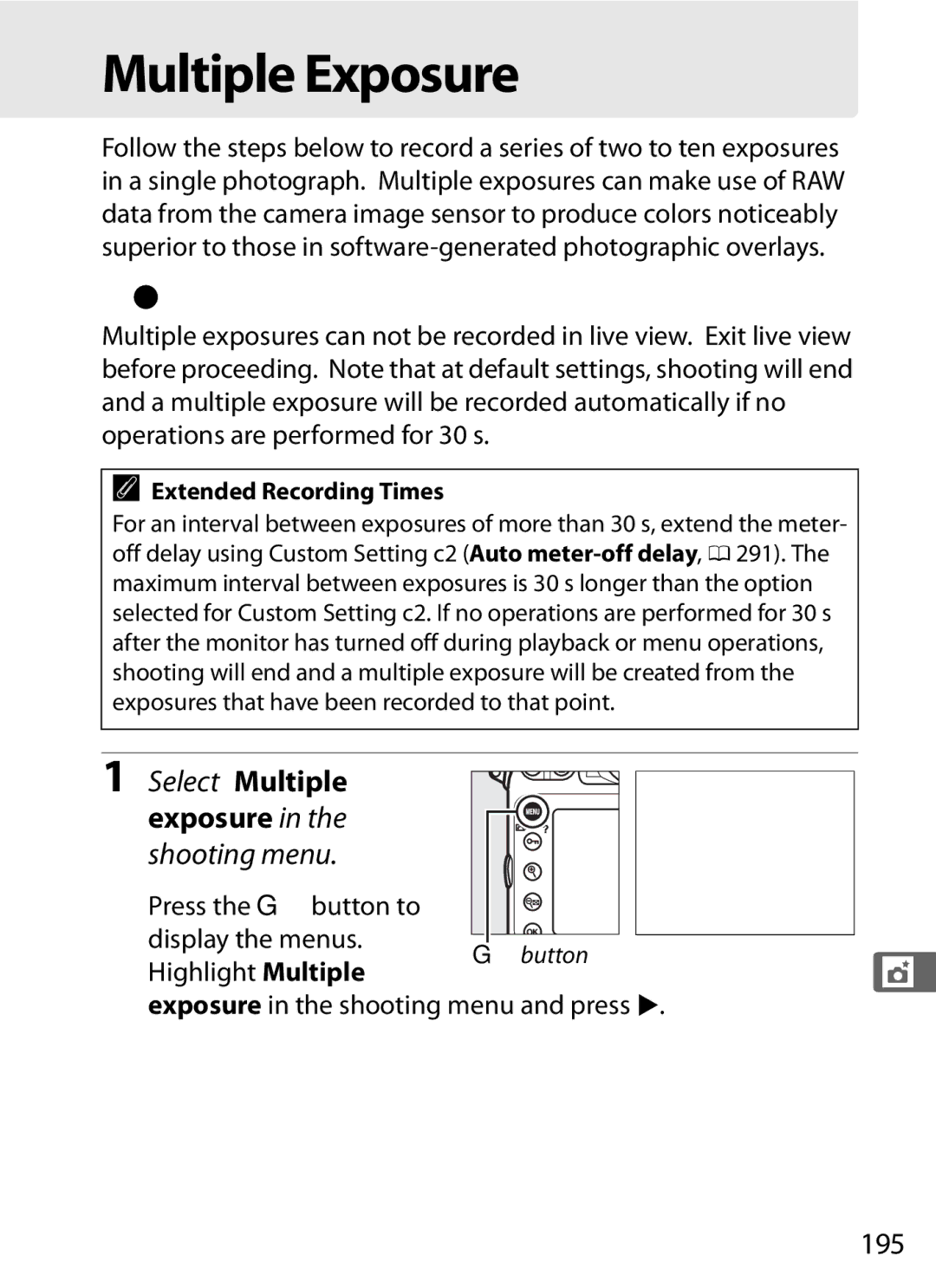 Nikon D800EFXBODY, D800 (Body Only), D800 E, D800BODY Creating a Multiple Exposure, 195, Extended Recording Times 