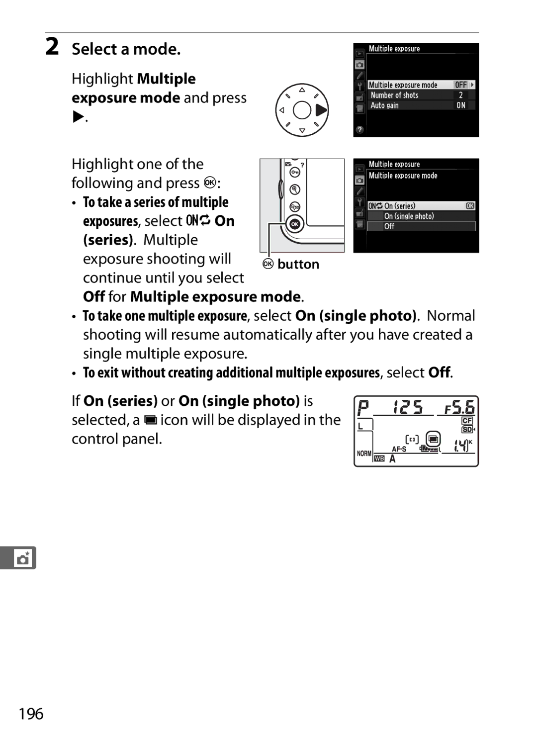 Nikon D800BODY, D800EFXBODY, D800 (Body Only), D800 E (Body Only), 2164+25468, 25480B user manual Select a mode, 196 