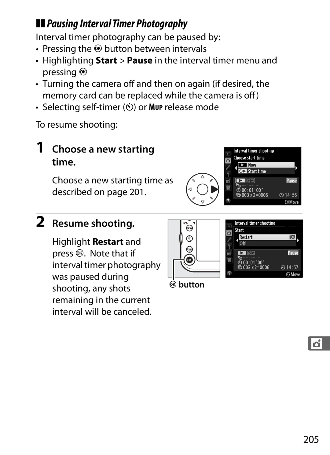 Nikon D800BODY, D800EFXBODY, D800 E Pausing Interval Timer Photography, Choose a new starting time, Resume shooting, 205 