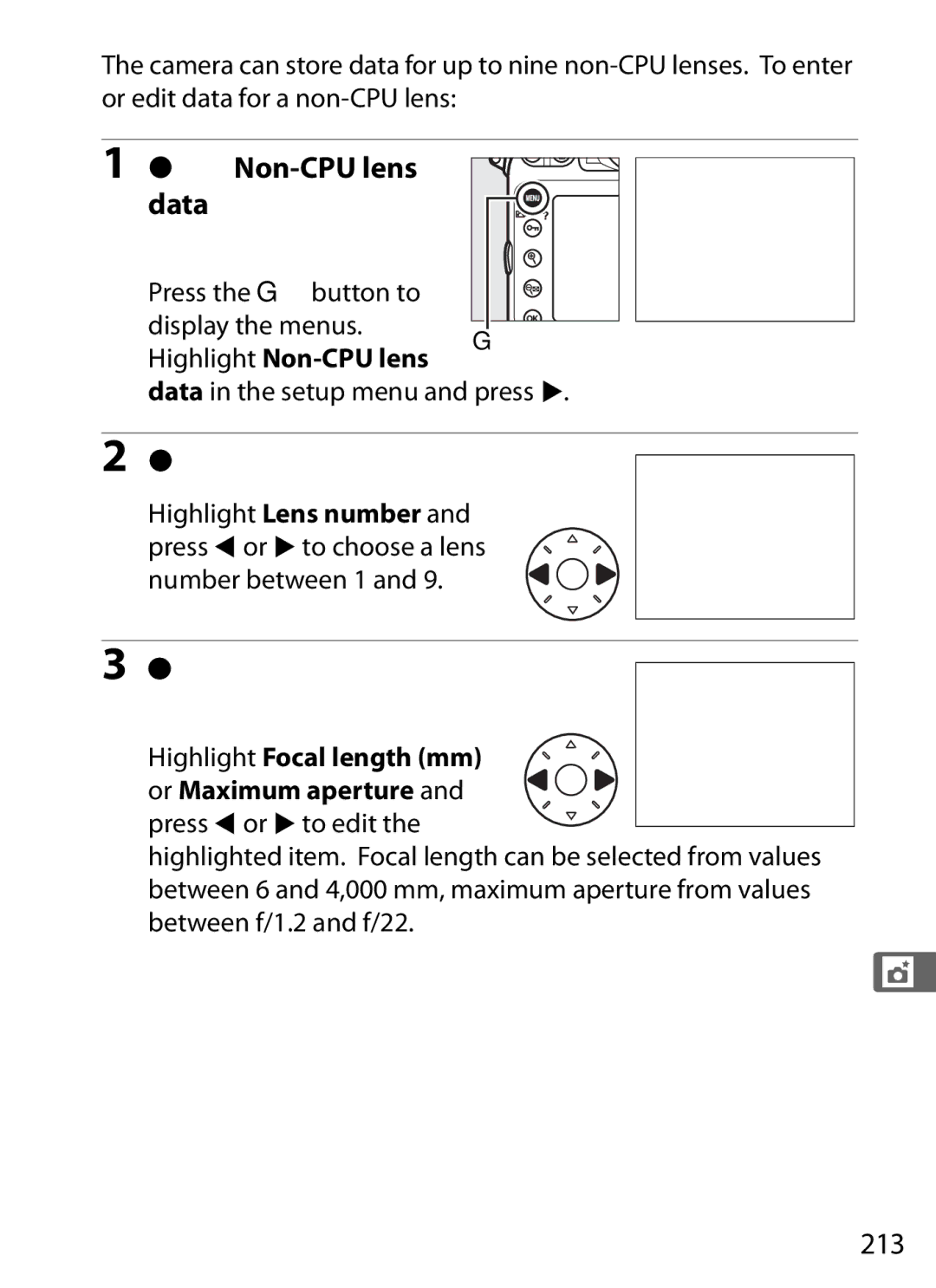 Nikon D800 Select Non-CPU lens Data in the setup menu, Select a lens number, Enter the focal length and aperture, 213 