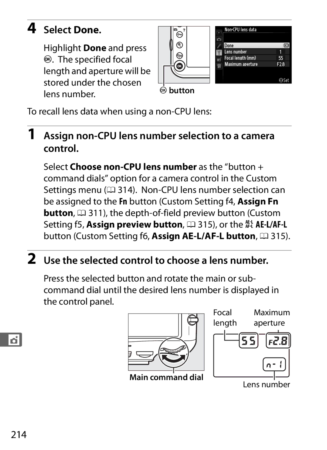 Nikon D800BODY, D800EFXBODY, D800 (Body Only) Select Done, Assign non-CPU lens number selection to a camera control, 214 