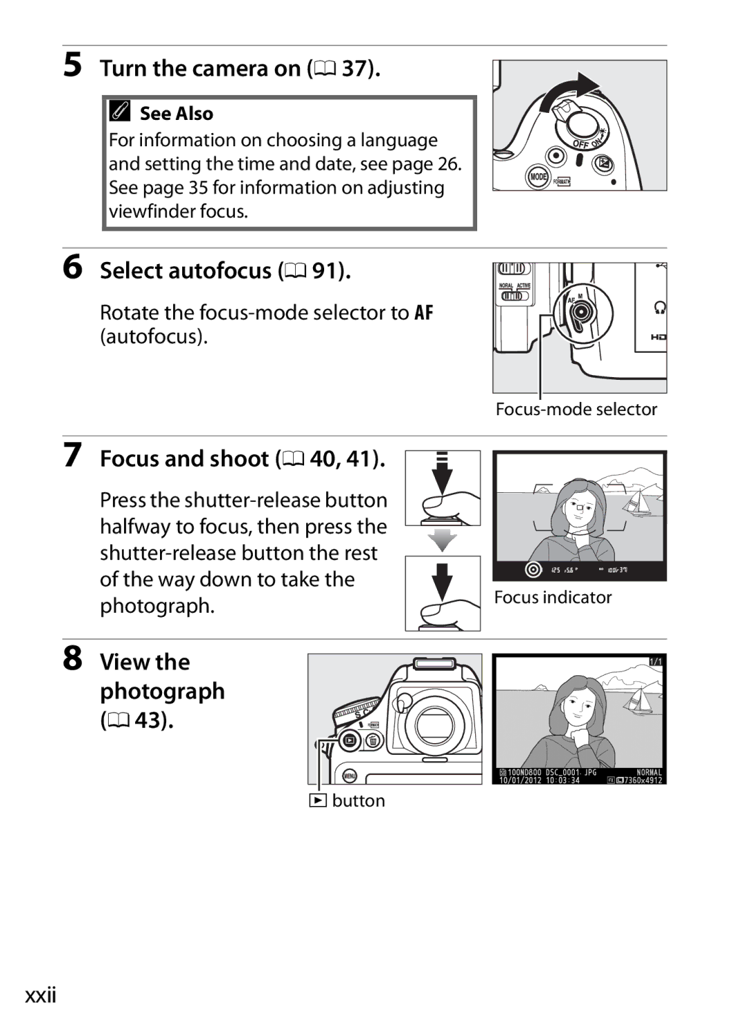 Nikon 2164+25468, D800EFXBODY Turn the camera on 0, Select autofocus 0, Focus and shoot 0 40, View the photograph 0, Xxii 