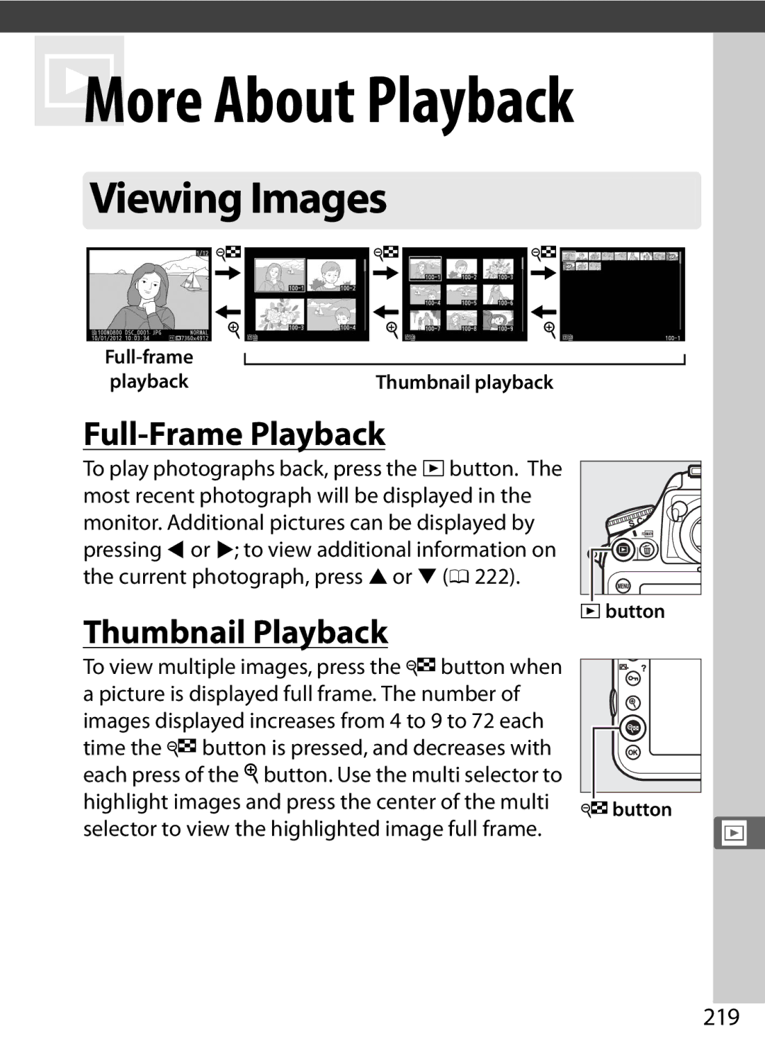 Nikon D800EFXBODY, D800 (Body Only), D800 E, D800BODY, 25480B Viewing Images, Full-Frame Playback, Thumbnail Playback, 219 