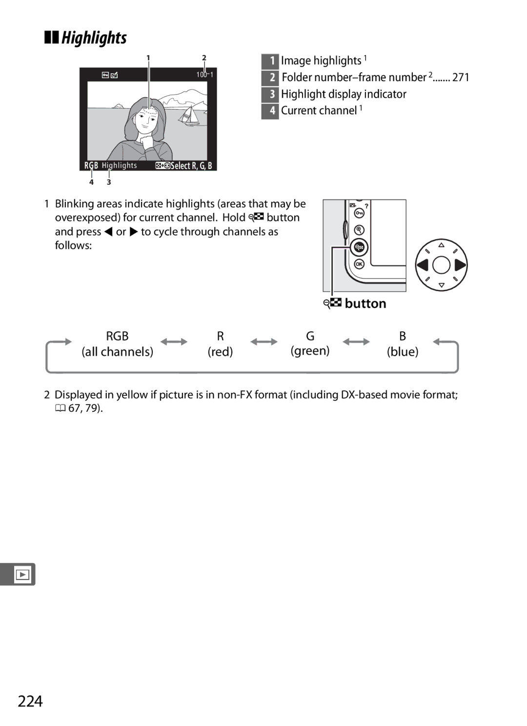 Nikon D800 E (Body Only), D800EFXBODY Highlights, 224, Image highlights, Highlight display indicator, Current channel 