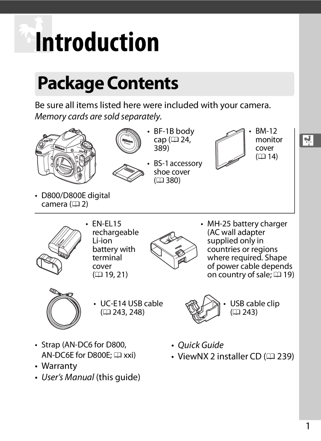 Nikon 25480B, D800EFXBODY, D800 (Body Only), D800BODY, D800 E (Body Only), 2164+25468 XIntroduction, Package Contents 