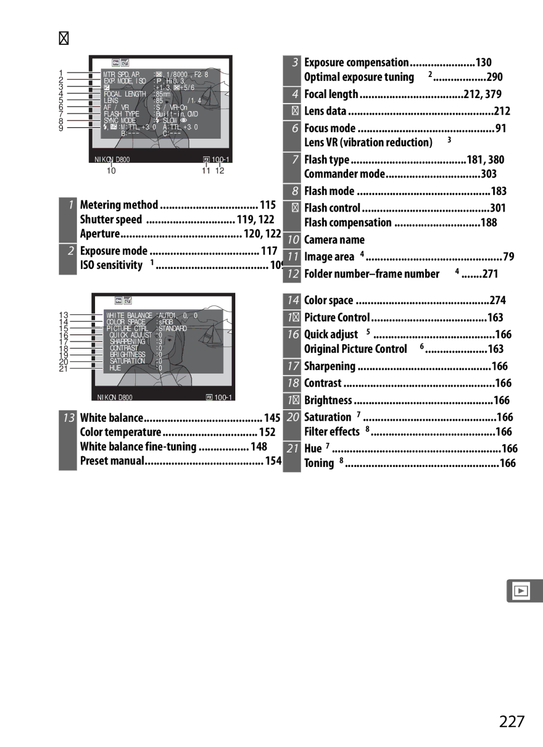 Nikon D800EFXBODY, D800 (Body Only), D800BODY, D800 E (Body Only), 2164+25468, 25480B user manual Shooting Data, 227 