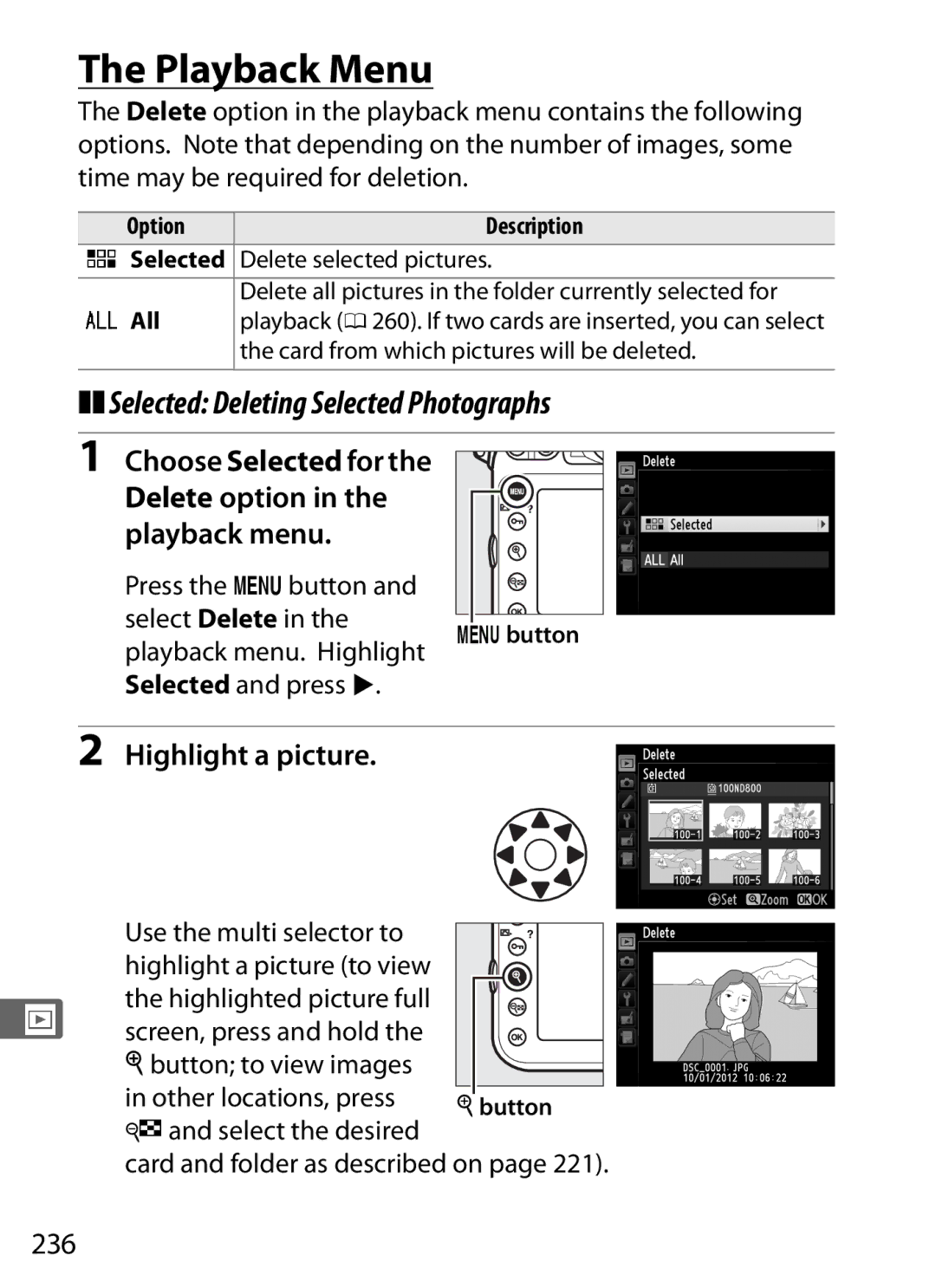 Nikon 25480, D800EFXBODY, D800 (Body Only) Playback Menu, Selected Deleting Selected Photographs, Highlight a picture, 236 