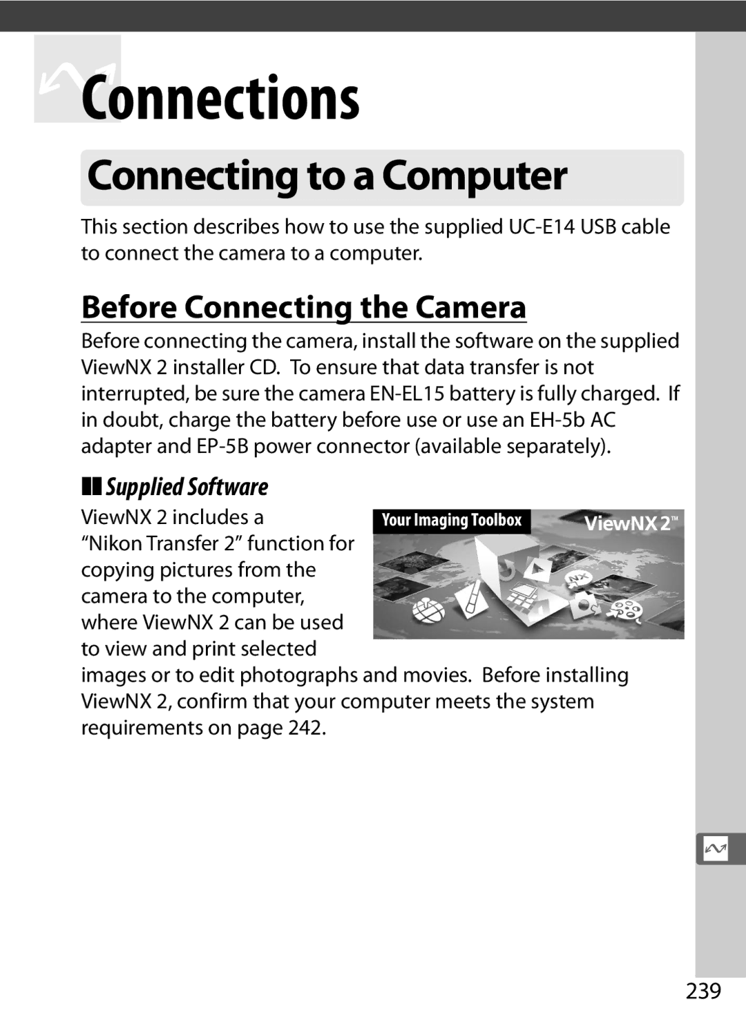 Nikon D800 E, D800EFXBODY, D800 (Body Only) Connecting to a Computer, Before Connecting the Camera, Supplied Software, 239 