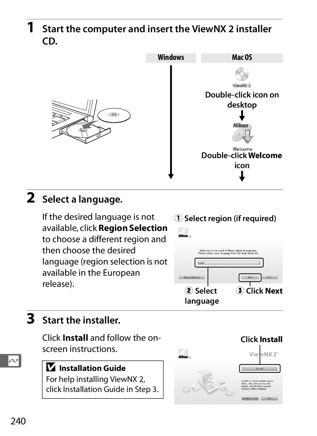 Nikon D800 E Start the computer and insert the ViewNX 2 installer CD, Start the installer, 240, Screen instructions 