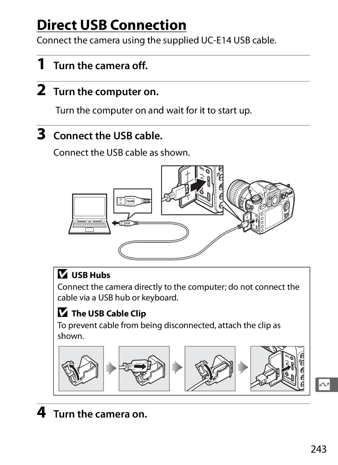 Nikon 2164+25468, D800EFXBODY Direct USB Connection, Turn the camera off Turn the computer on, Connect the USB cable, 243 