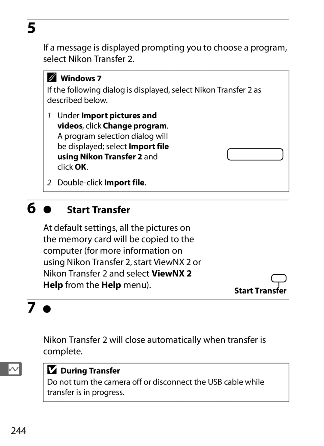 Nikon 25480B, D800EFXBODY, D800 (Body Only), D800 E Start Nikon Transfer, Click Start Transfer, 244, During Transfer 