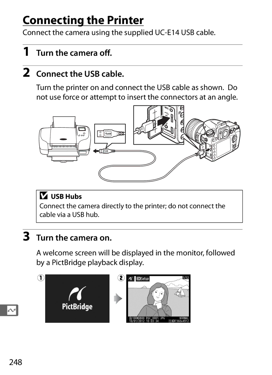 Nikon D800 E, D800EFXBODY, D800 (Body Only), D800BODY Connecting the Printer, Turn the camera off Connect the USB cable, 248 