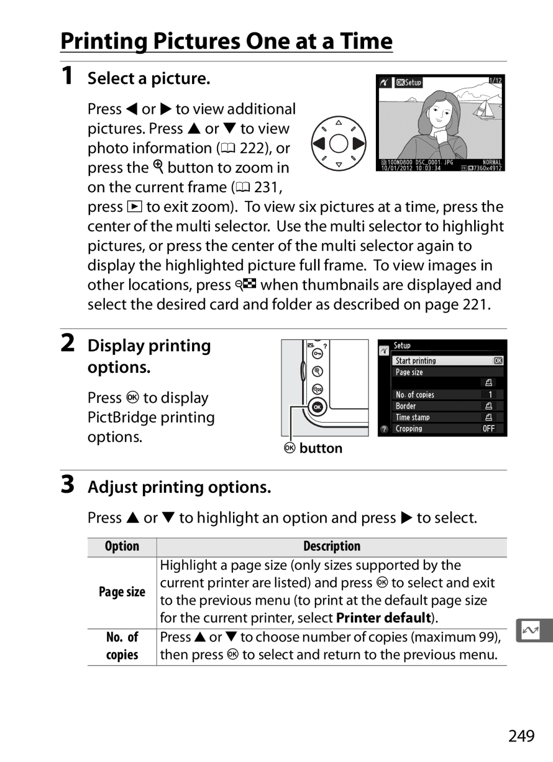 Nikon D800EFXBODY, D800 (Body Only) Printing Pictures One at a Time, Select a picture, Adjust printing options, 249 