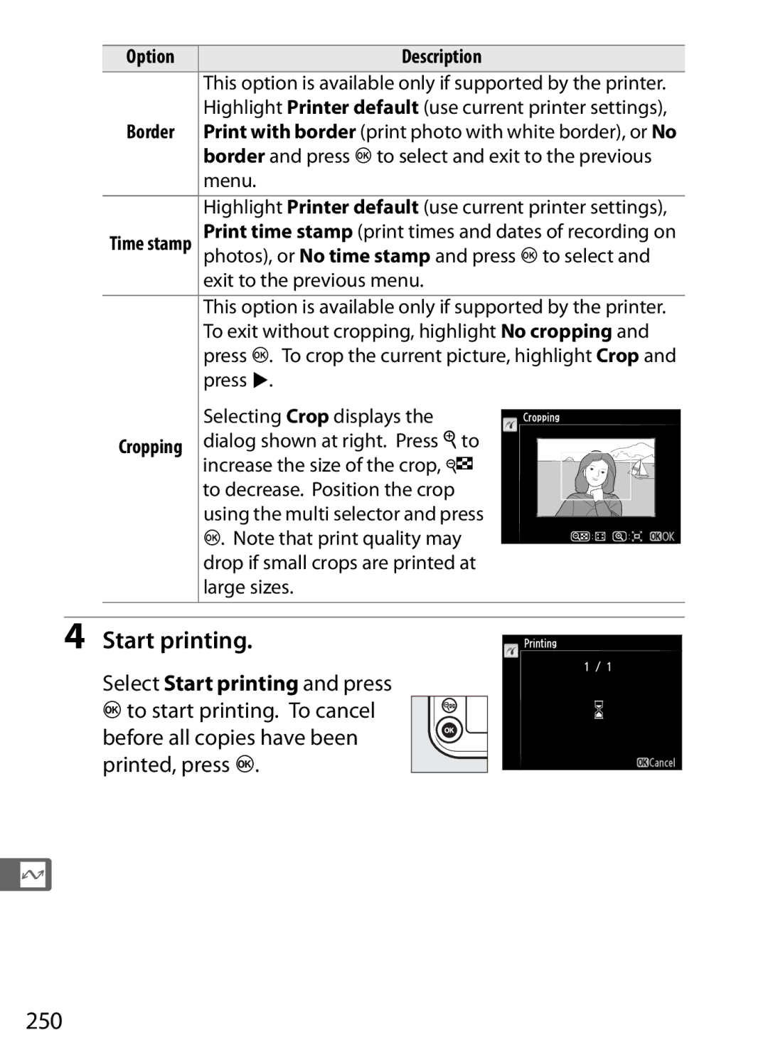 Nikon D800BODY, D800EFXBODY, D800 (Body Only), D800 E (Body Only), 2164+25468, 25480B user manual Start printing, 250 