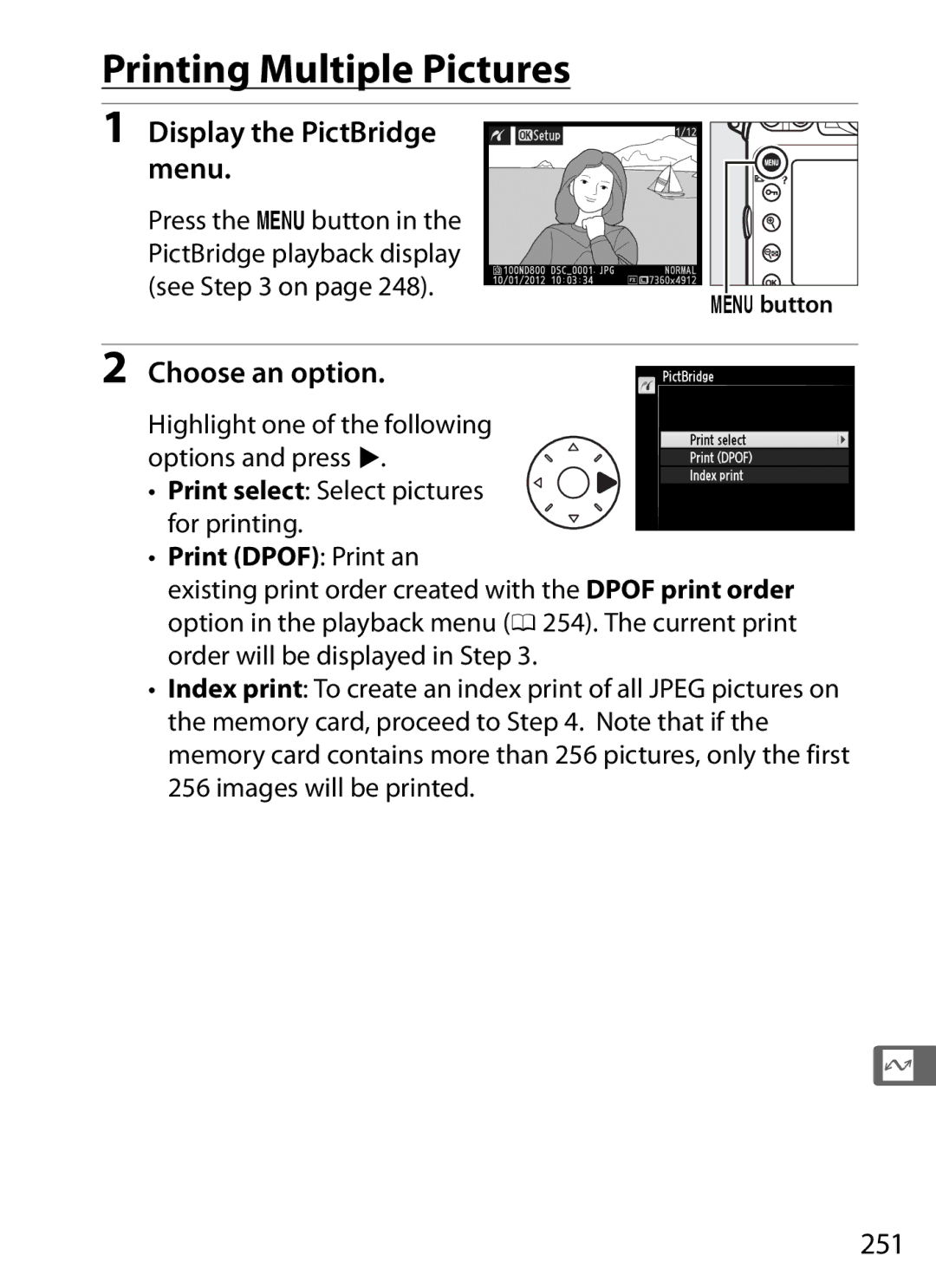 Nikon D800 E (Body Only), D800EFXBODY, D800 (Body Only), 25480B Printing Multiple Pictures, Display the PictBridge menu, 251 