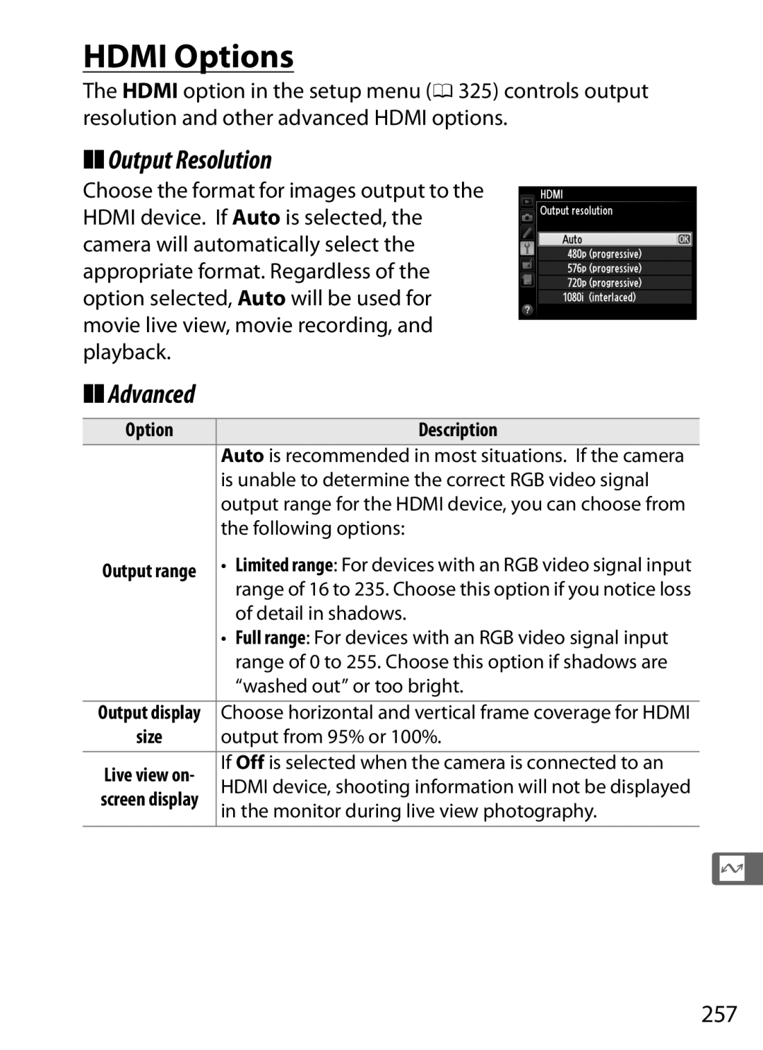 Nikon D800EFXBODY, D800 (Body Only), D800BODY, D800 E (Body Only), 25480B Hdmi Options, Output Resolution, Advanced, 257 