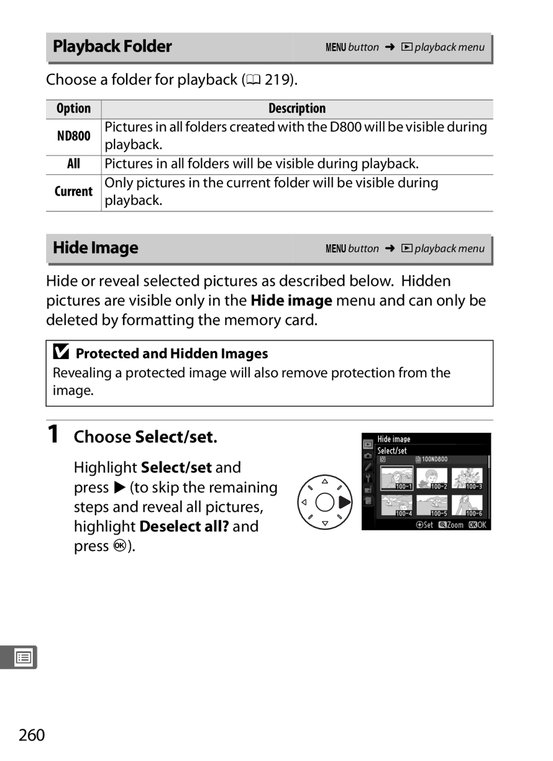 Nikon D800 E (Body Only), D800EFXBODY Playback Folder, Hide Image, Choose Select/set, 260, Choose a folder for playback 0 