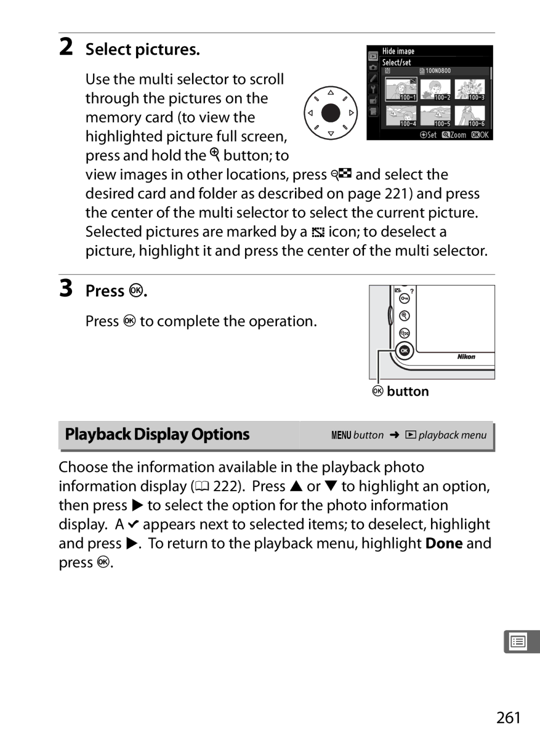 Nikon 2164+25468, D800EFXBODY, D800 (Body Only), D800 E Playback Display Options, 261, Press Jto complete the operation 