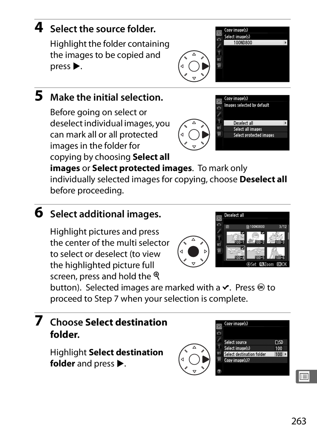 Nikon D800EFXBODY, D800 E, 25480B Select the source folder, Make the initial selection, Select additional images, 263 