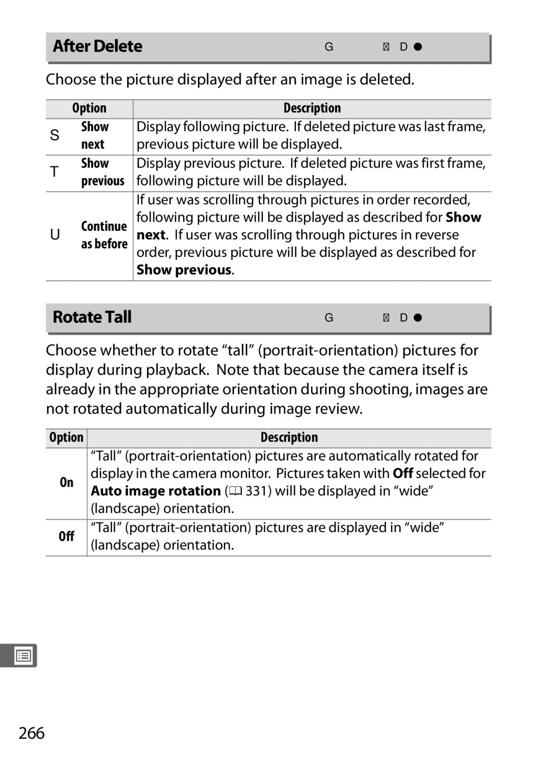 Nikon D800 E, D800EFXBODY, D800BODY After Delete, Rotate Tall, 266, Choose the picture displayed after an image is deleted 