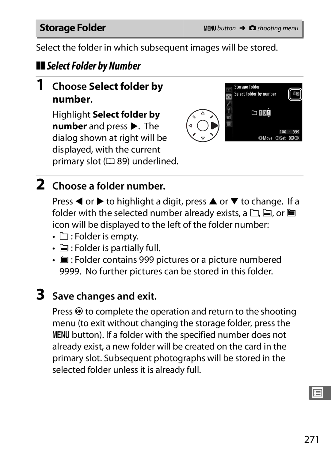 Nikon 25480B, D800 E Select Folder by Number, Storage Folder, Choose Select folder by number, Choose a folder number, 271 