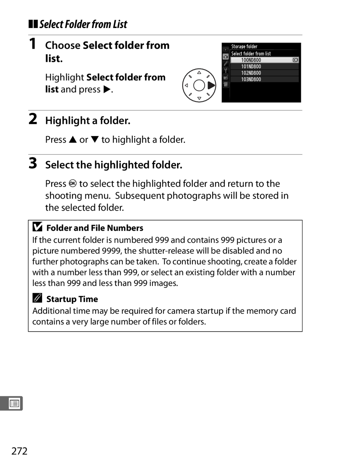 Nikon 25480 Select Folder from List, Choose Select folder from list, Highlight a folder, Select the highlighted folder 