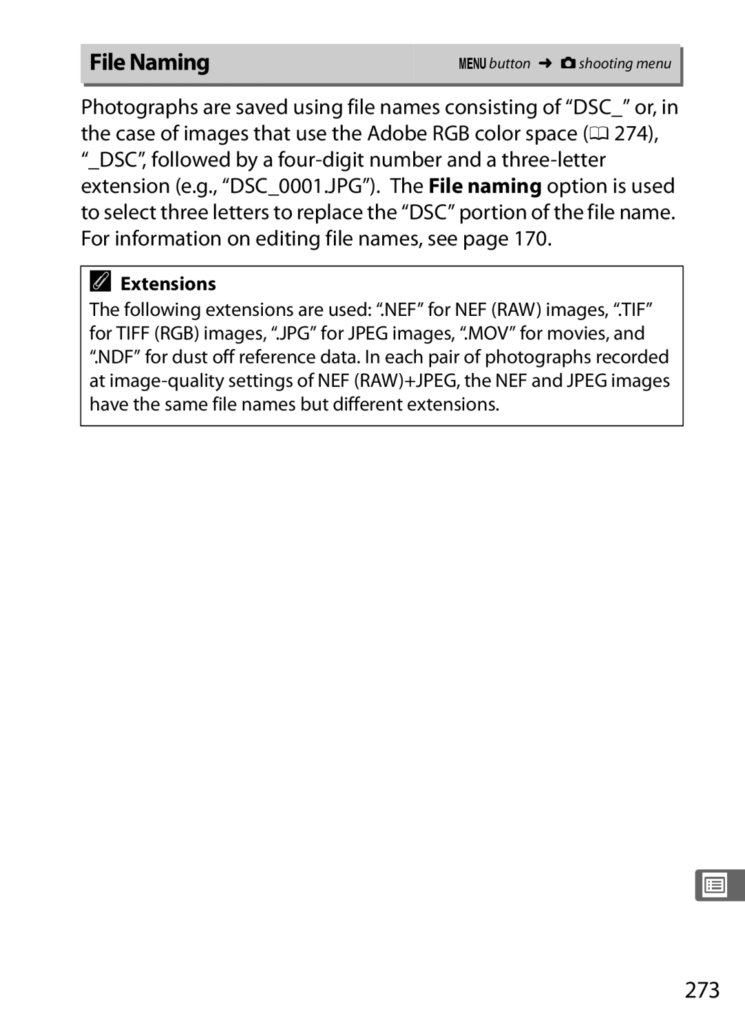 Nikon D800EFXBODY, D800 (Body Only), D800BODY, D800 E (Body Only), 2164+25468, 25480B File Naming, 273, Extensions 