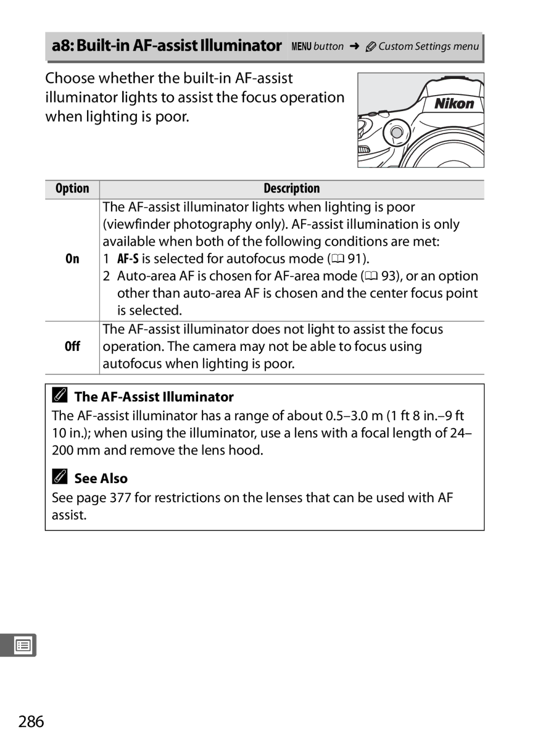 Nikon D800BODY, D800EFXBODY, D800 (Body Only), D800 E (Body Only), 2164+25468, 25480B user manual 286, AF-Assist Illuminator 