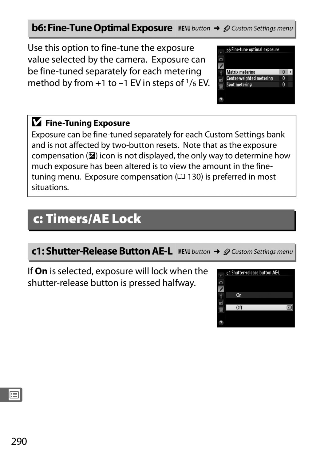 Nikon 25480, D800EFXBODY, D800 E B6 Fine-Tune Optimal Exposure Gbutton ACustom Settings menu, 290, Fine-Tuning Exposure 