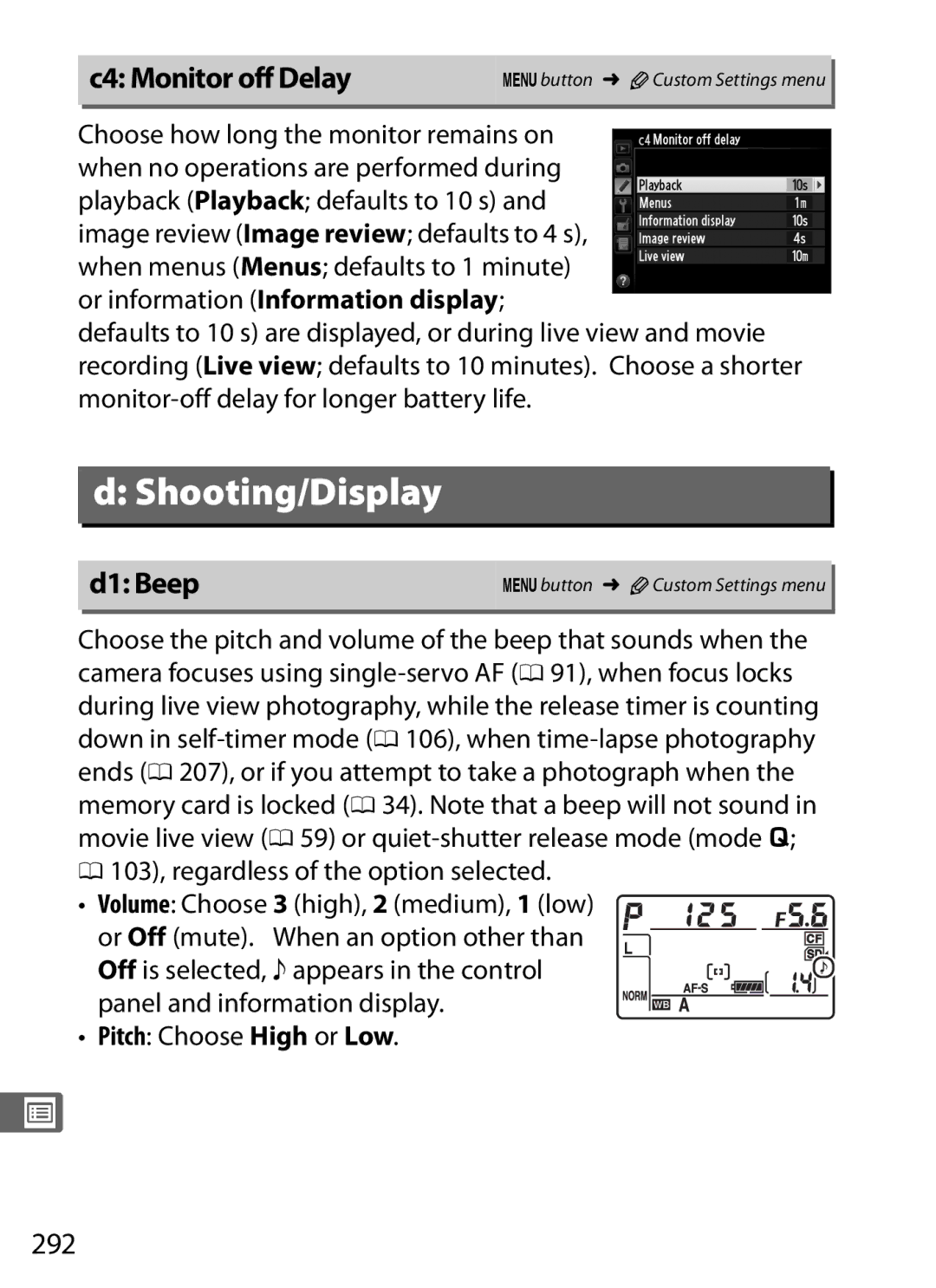 Nikon D800 (Body Only), D800EFXBODY, D800BODY, D800 E (Body Only), 2164+25468, 25480B C4 Monitor off Delay, D1 Beep, 292 