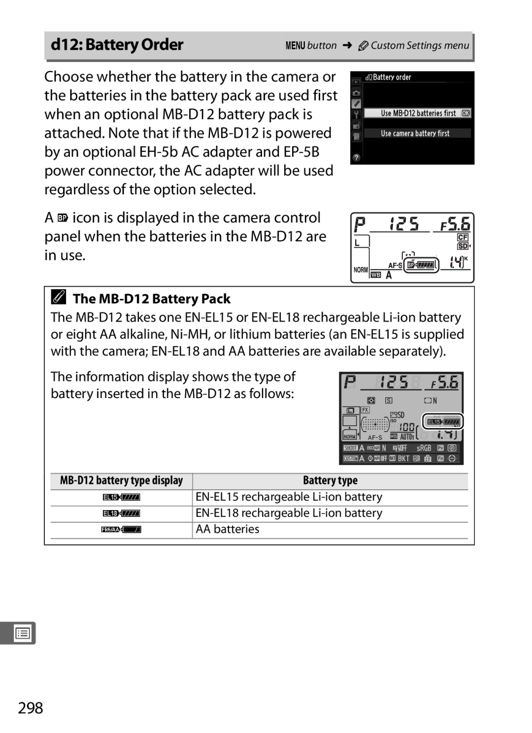 Nikon 25480B, D800EFXBODY, D800 E D12 Battery Order, 298, MB-D12 Battery Pack, MB-D12 battery type display Battery type 