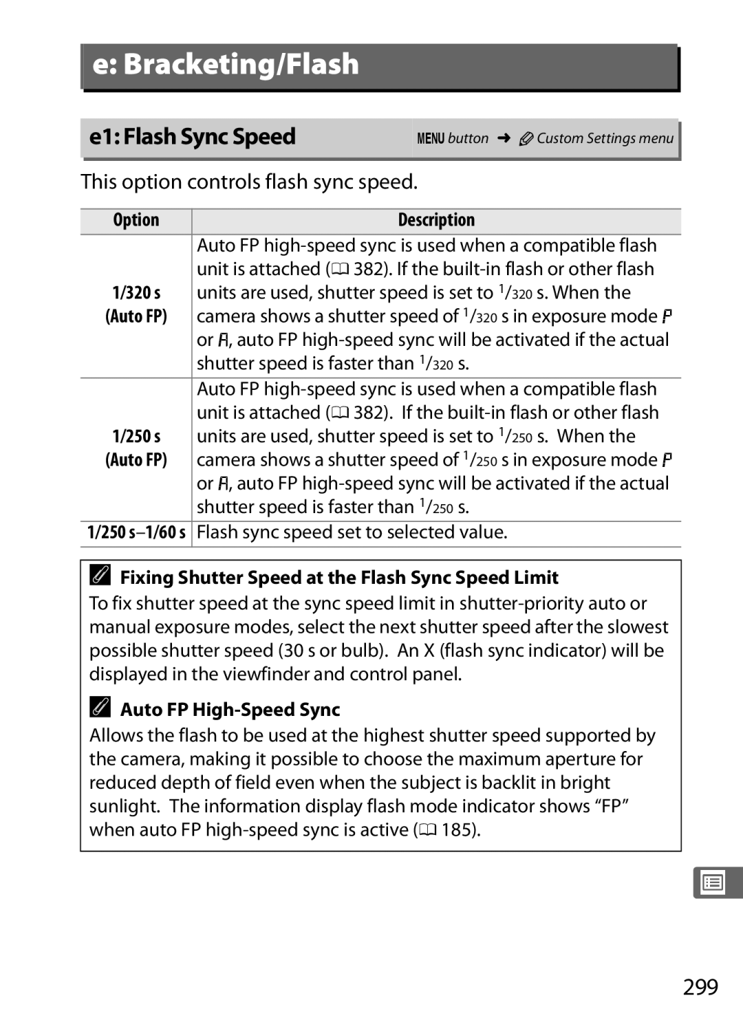 Nikon 25480, D800EFXBODY, D800 E E1 Flash Sync Speed, 299, This option controls flash sync speed, Auto FP High-Speed Sync 