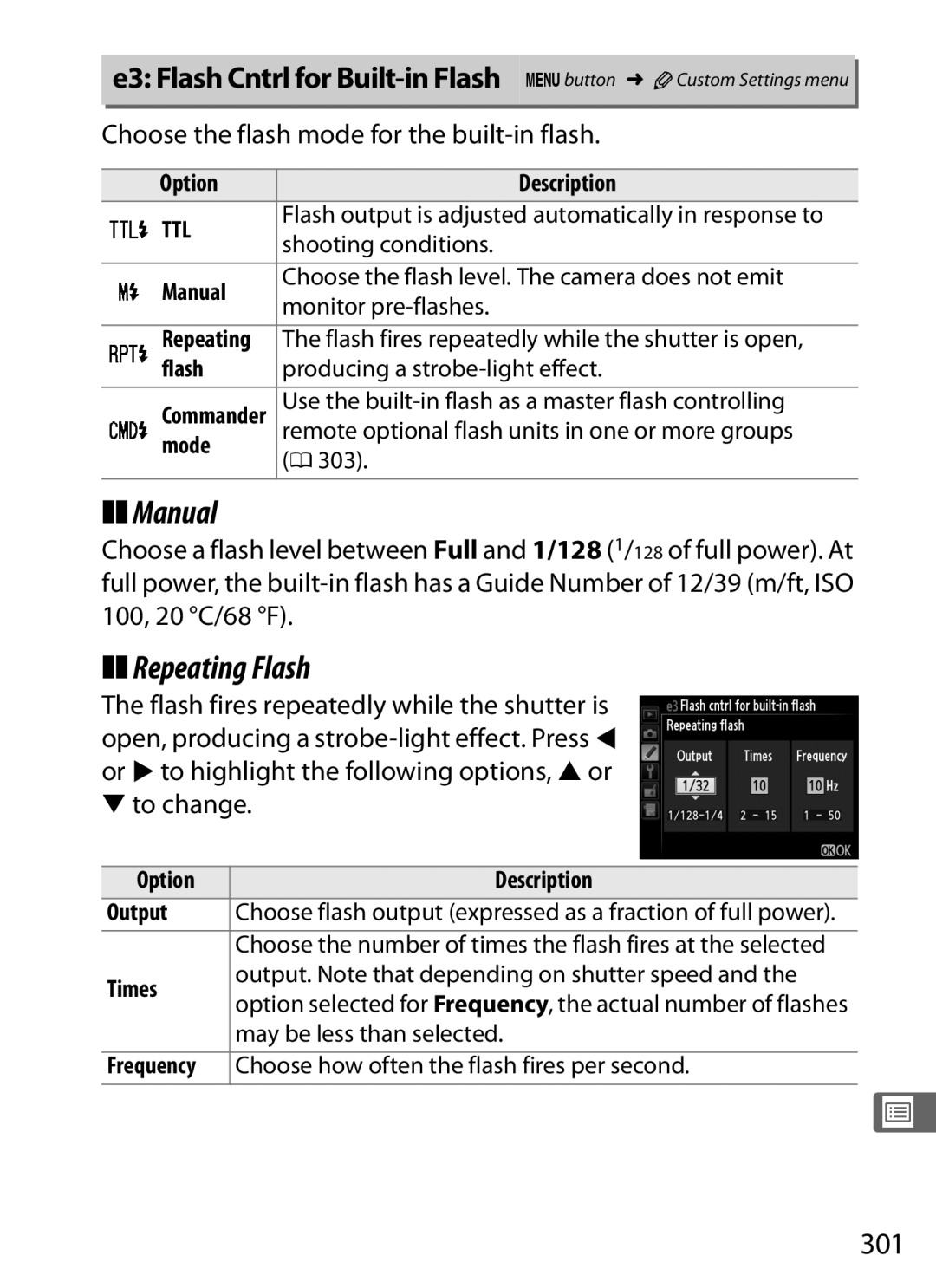 Nikon D800 (Body Only), D800EFXBODY, D800 E Manual, Repeating Flash, 301, Choose the flash mode for the built-in flash 