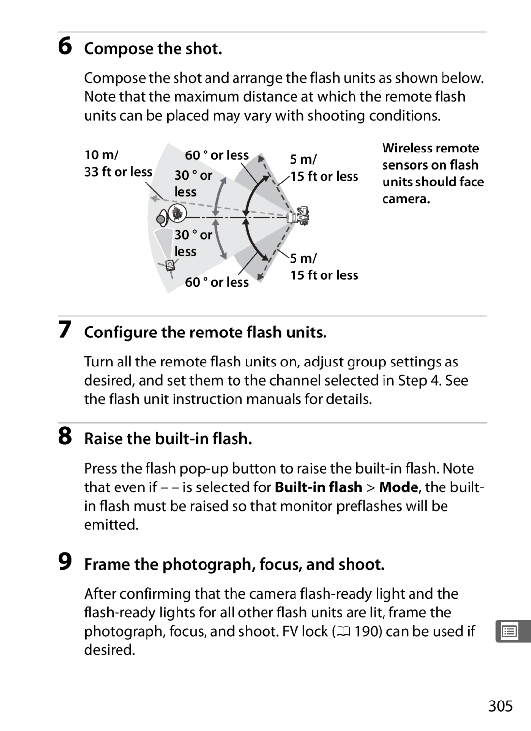 Nikon D800 E (Body Only), D800EFXBODY Compose the shot, Configure the remote flash units Raise the built-in flash, 305 