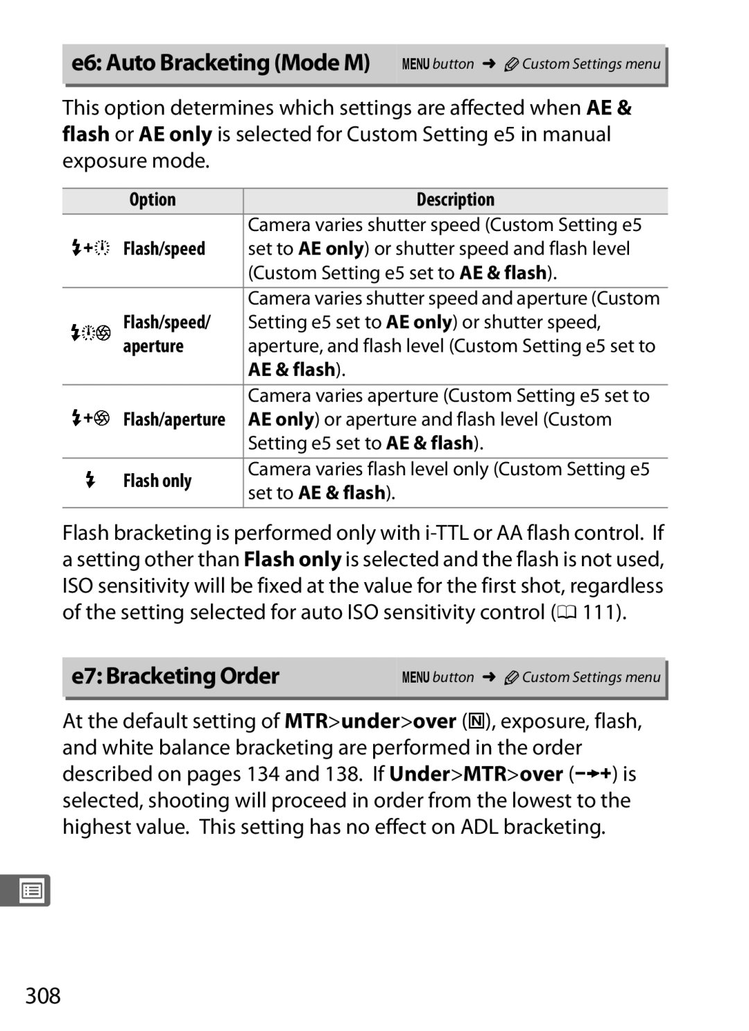 Nikon 25480, D800EFXBODY, D800 E, D800BODY E6 Auto Bracketing Mode M Gbutton ACustom Settings menu, E7 Bracketing Order, 308 