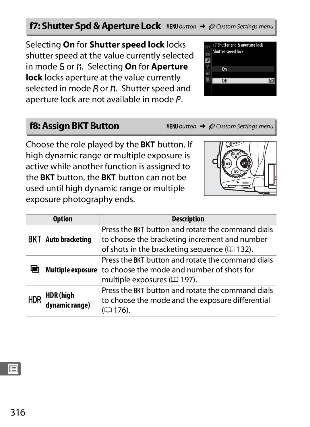 Nikon 25480B, D800EFXBODY F8 Assign BKT Button, 316, Press the tbutton and rotate the command dials, Multiple exposures 0 