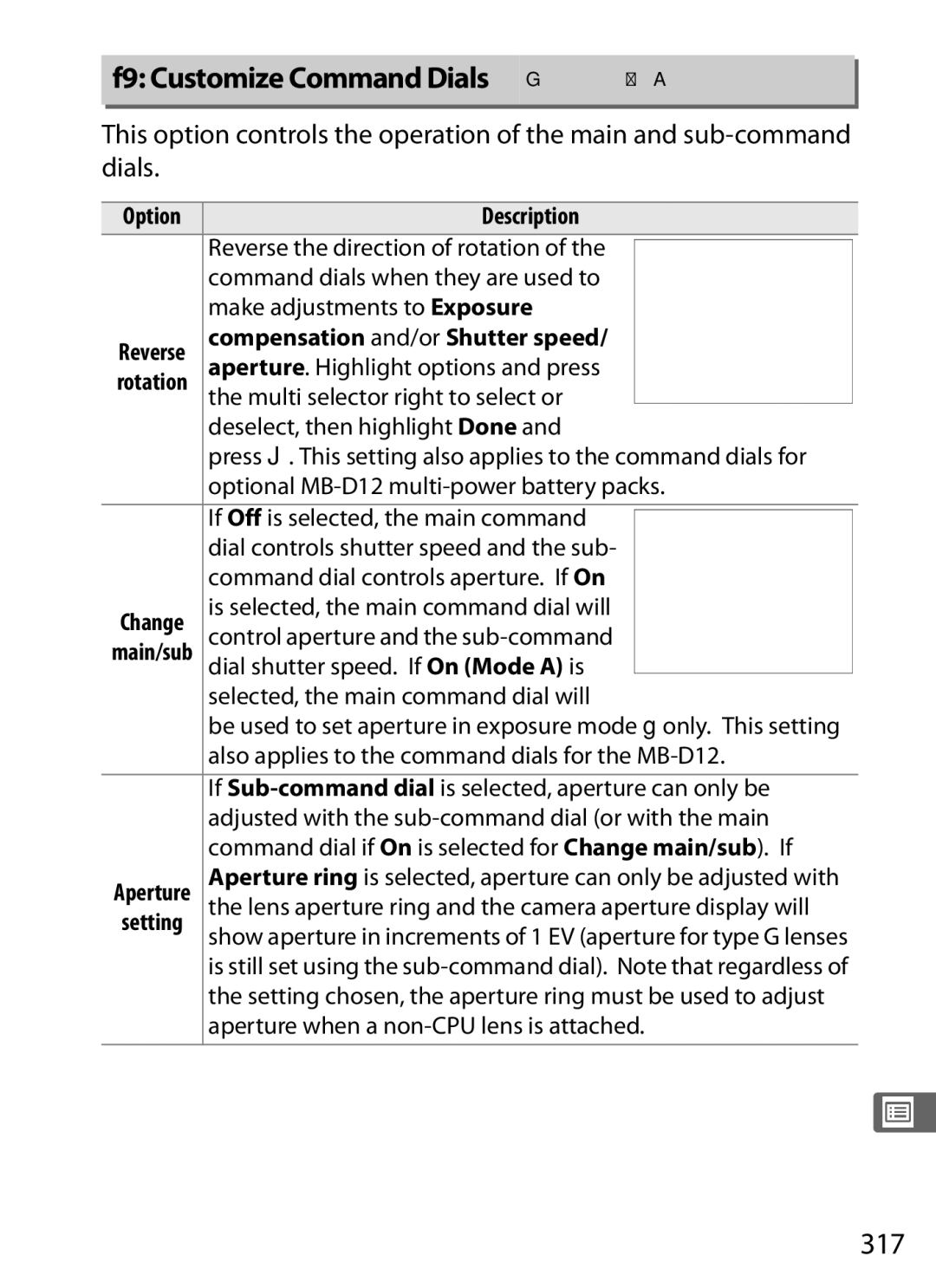 Nikon 25480, D800EFXBODY F9 Customize Command Dials Gbutton ACustom Settings menu, 317, Compensation and/or Shutter speed 