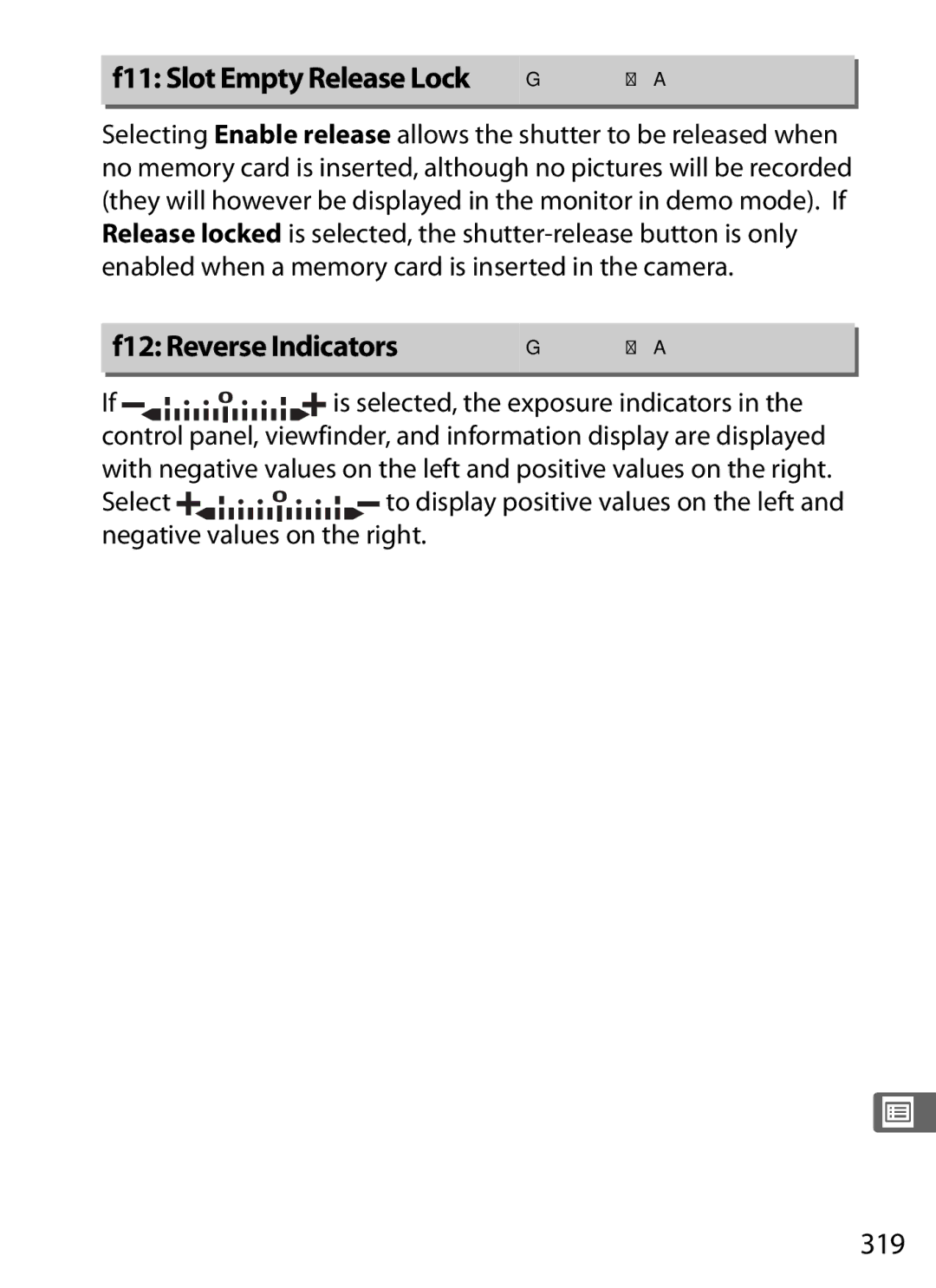 Nikon D800 (Body Only), D800EFXBODY, D800BODY, D800 E (Body Only), 2164+25468, 25480B user manual F12 Reverse Indicators, 319 