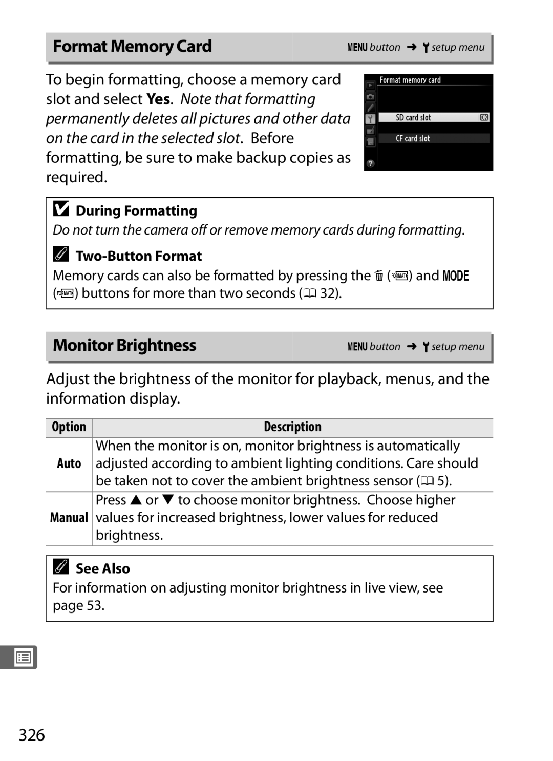 Nikon 25480, D800EFXBODY, D800 E, D800BODY Format Memory Card, Monitor Brightness, 326, During Formatting, Two-Button Format 