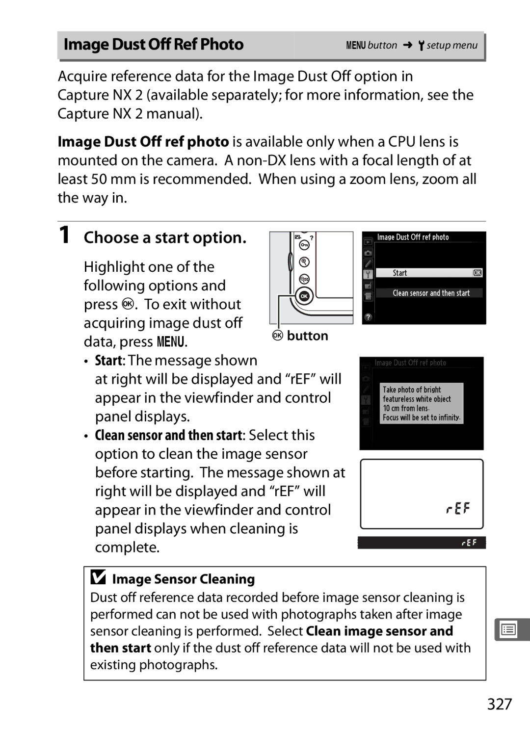 Nikon D800EFXBODY, D800 (Body Only), D800 E Image Dust Off Ref Photo, Choose a start option, 327, Image Sensor Cleaning 