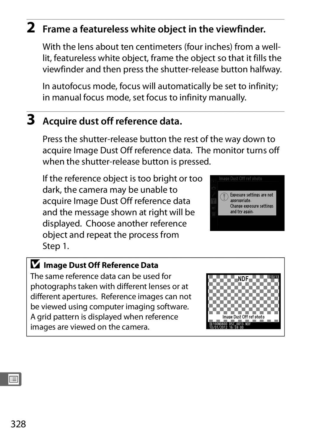 Nikon D800 (Body Only), D800 E Frame a featureless white object in the viewfinder, Acquire dust off reference data, 328 