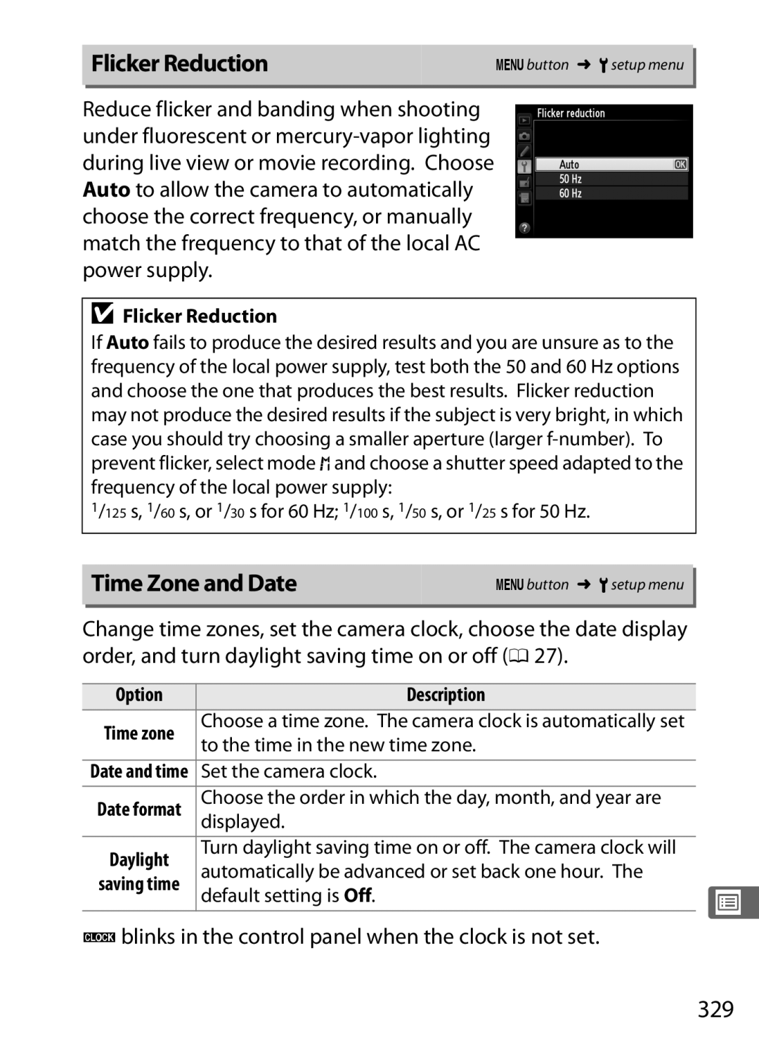 Nikon D800 E, D800BODY Flicker Reduction, Time Zone and Date, 329, Bblinks in the control panel when the clock is not set 