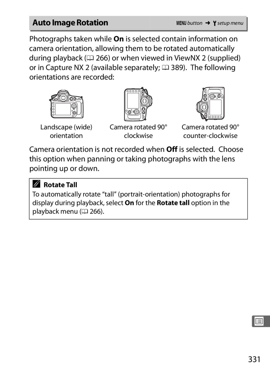 Nikon D800BODY, D800EFXBODY, D800 E, 25480B Auto Image Rotation, 331, Camera rotated Orientation Clockwise Counter-clockwise 