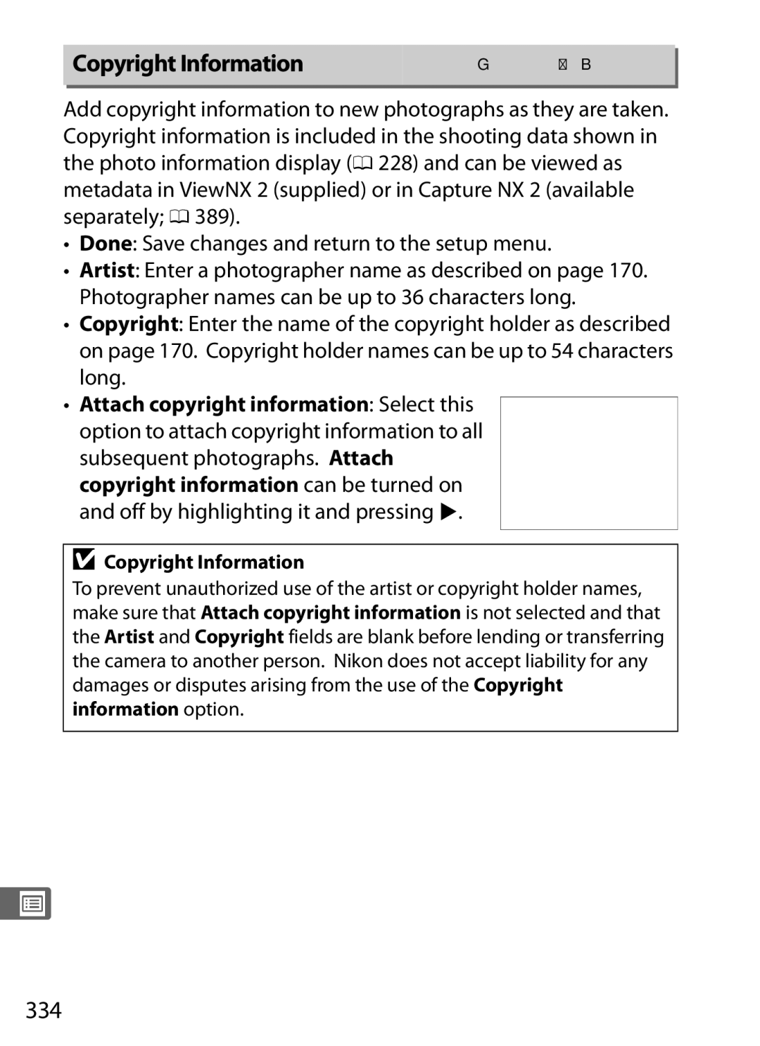 Nikon 25480B, D800EFXBODY, D800 (Body Only), D800BODY, D800 E (Body Only), 2164+25468 user manual Copyright Information, 334 