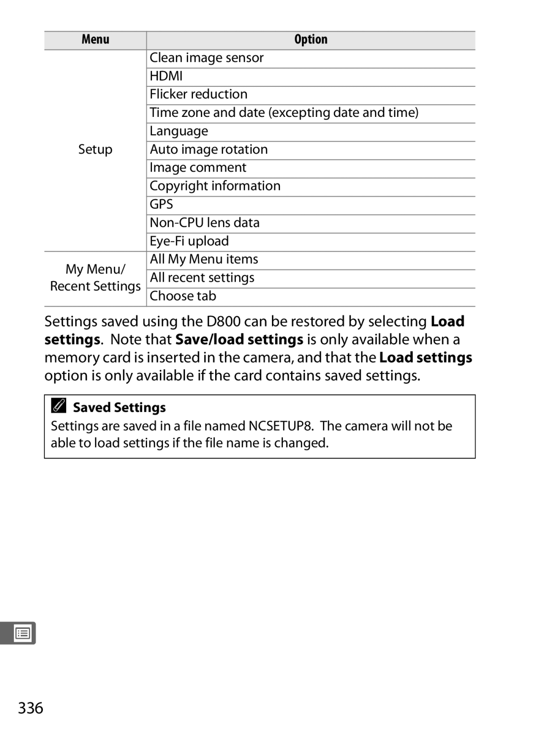 Nikon D800EFXBODY, D800 (Body Only), D800BODY, D800 E (Body Only), 2164+25468, 25480B user manual 336, Saved Settings 