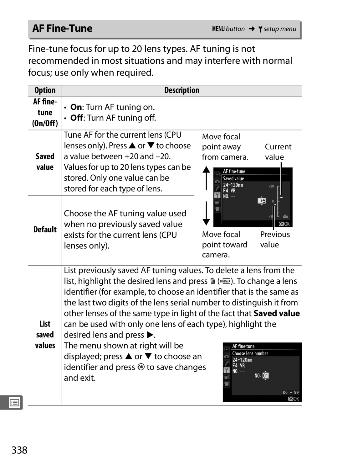 Nikon D800EFXBODY, D800 (Body Only), D800BODY, D800 E (Body Only), 2164+25468, 25480B user manual AF Fine-Tune, 338, Value 