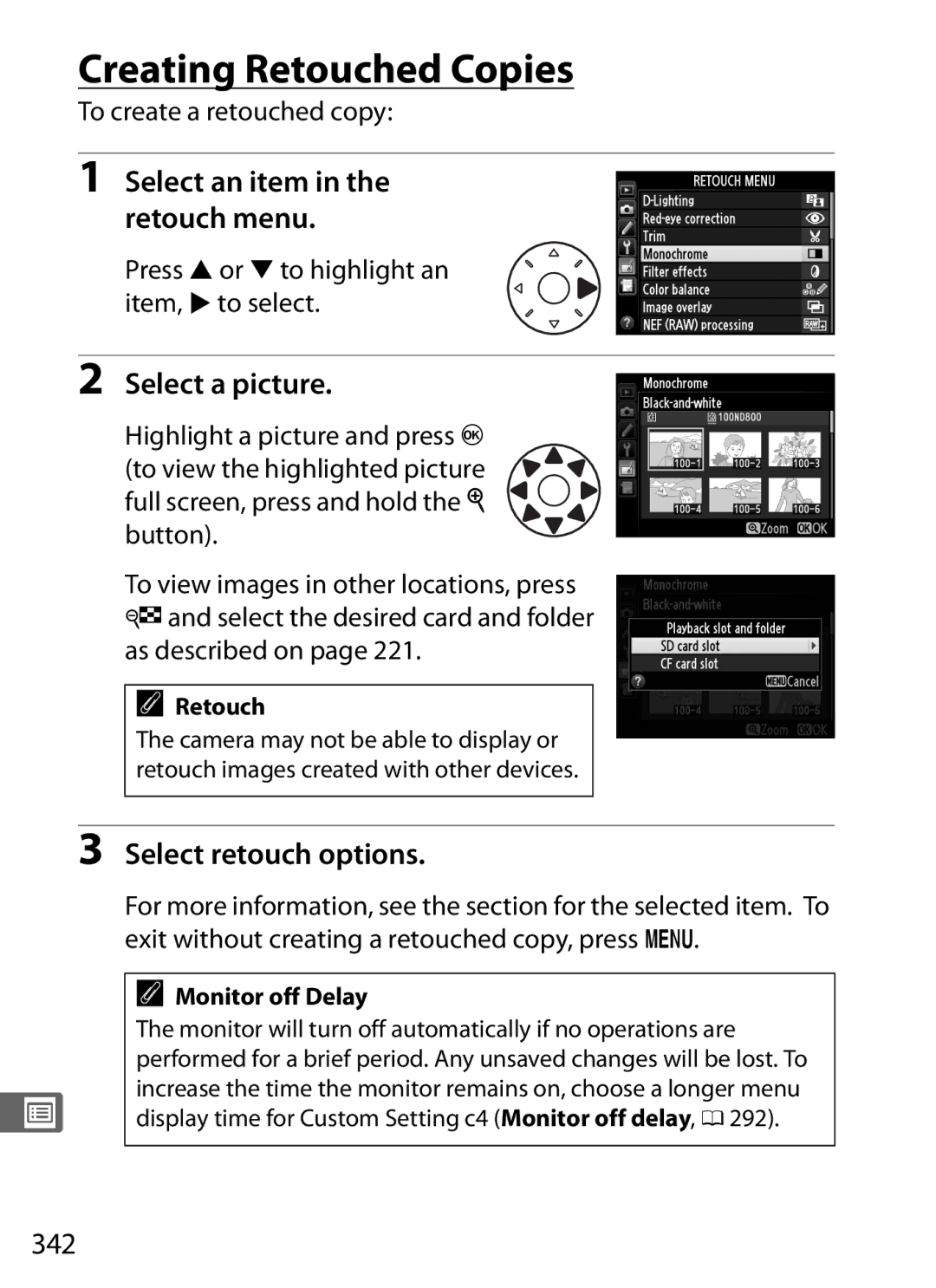 Nikon 2164+25468, D800EFXBODY Creating Retouched Copies, Select an item in the retouch menu, Select retouch options, 342 